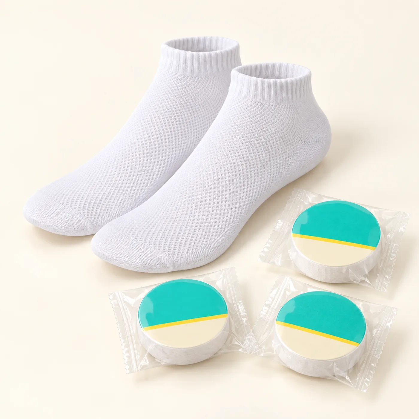 White disposable ankle socks with individually wrapped compressed packs