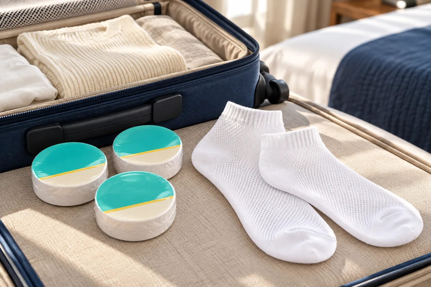Lightweight disposable socks and compact sealed packs beside an open travel suitcase