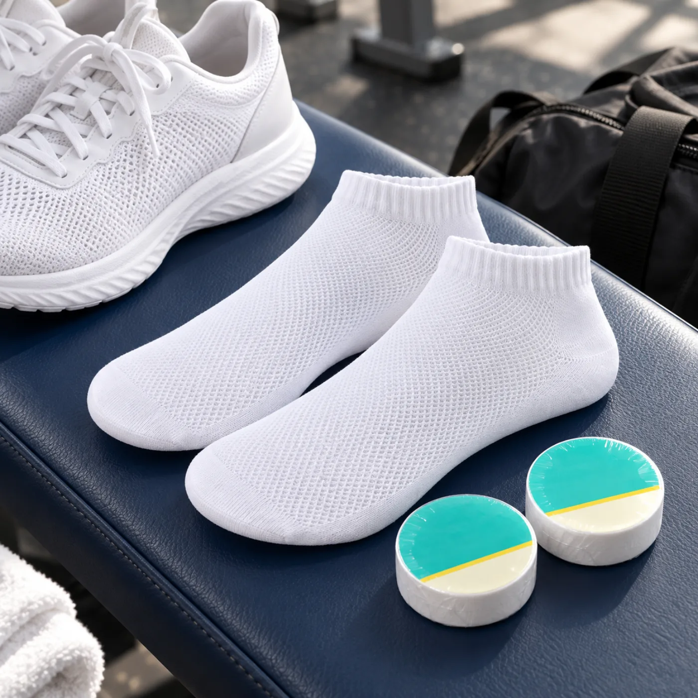 Disposable socks beside trainers and gym bag