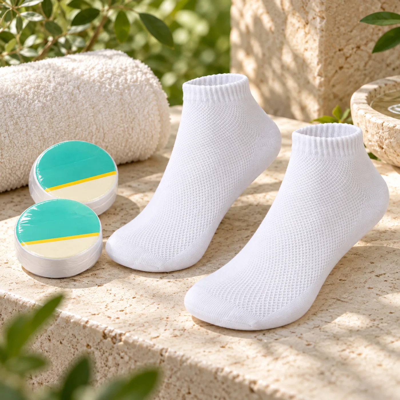 White disposable socks with spa towels
