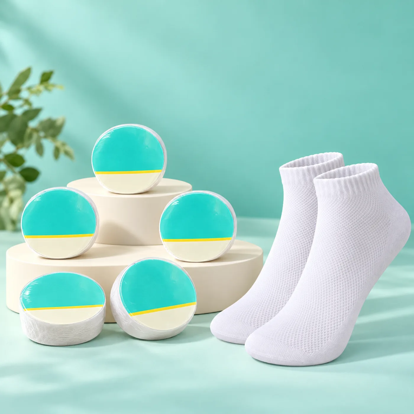 Disposable sock bundle on mint studio podiums